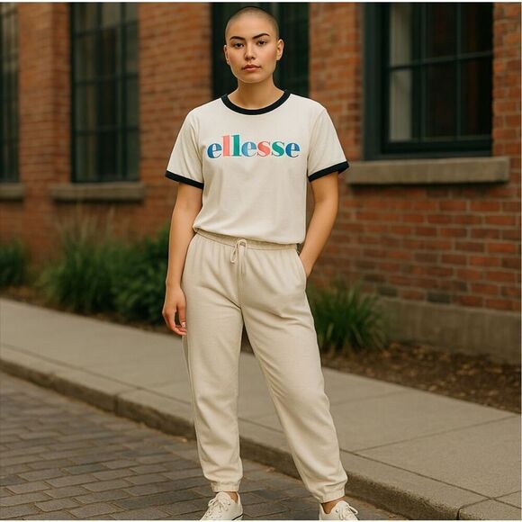 Vintage ELLESSE T-Shirt Men's Large White Big Logo Trashed Moa Ringer Graphic - Picture 16 of 16